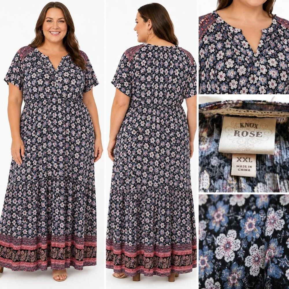 Knox Rose Floral Boho Maxi Dress XXL Blue Pink Rayon